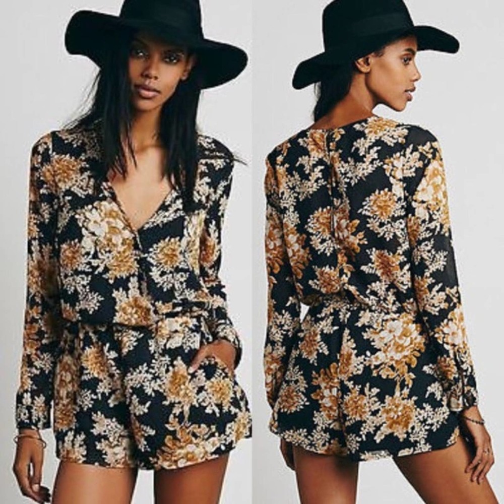 Free People Black Floral V-Neck Long Sleeve Romper with Gold & Cream Print